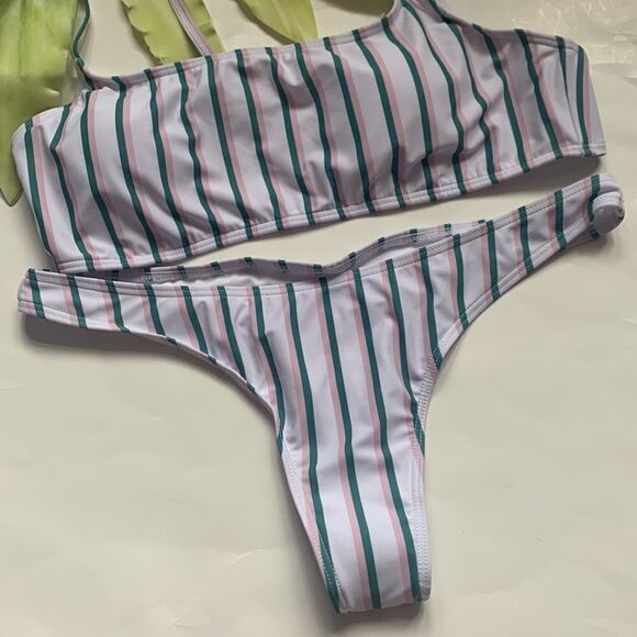 🌟SUMMER Mae Vertical Stripes Bandeau Top Brazilian Thong Bikini Set🌟 - Picture 2 of 4